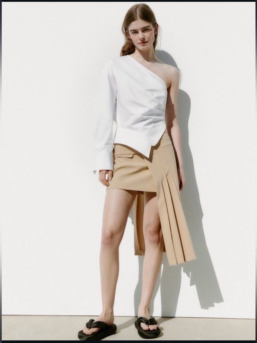ZARA White One-Shoulder Ruched Cotton Blouse